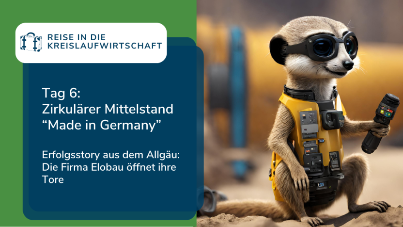 Ein Erdmännchen trägt eine Arbeitsweste, Schutzbrille und hält ein Werkzeug in der Hand