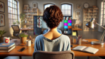 Frau mit dem Rücken zur Kamera an einem Schreibtisch, Videokonfernz auf ihrem Bildschirm